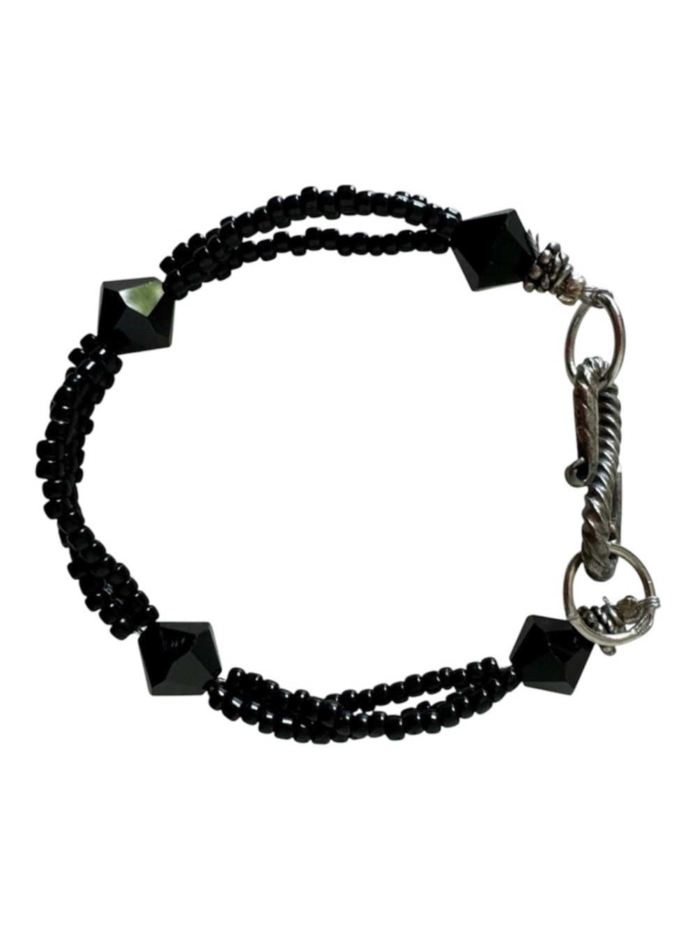 925 Sterling Silver Black Swarovski Crystal Beaded Handmade Bracelet NEW